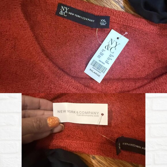 NWT NY&Co Holiday Red Cold Shoulder Sweater w/ Black Velvet Bow Size XXL Plus - Picture 6 of 8